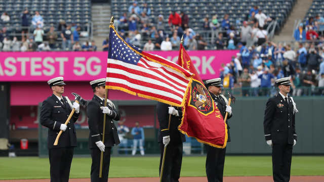 KANSAS CITY, MO - APRIL 06: Members of the US military present the colors before an MLB game between the Chicago White Sox and Kansas City Royals on Apr 6, 2024 at Kauffman Stadium in Kansas City, MO. (Photo by Scott Winters/Icon Sportswire via Getty Images)