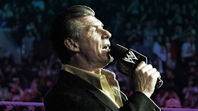 Profile angle photo of Vince McMahon's head and upper torso holding microphone over stylized background image of a wrestling crowd.