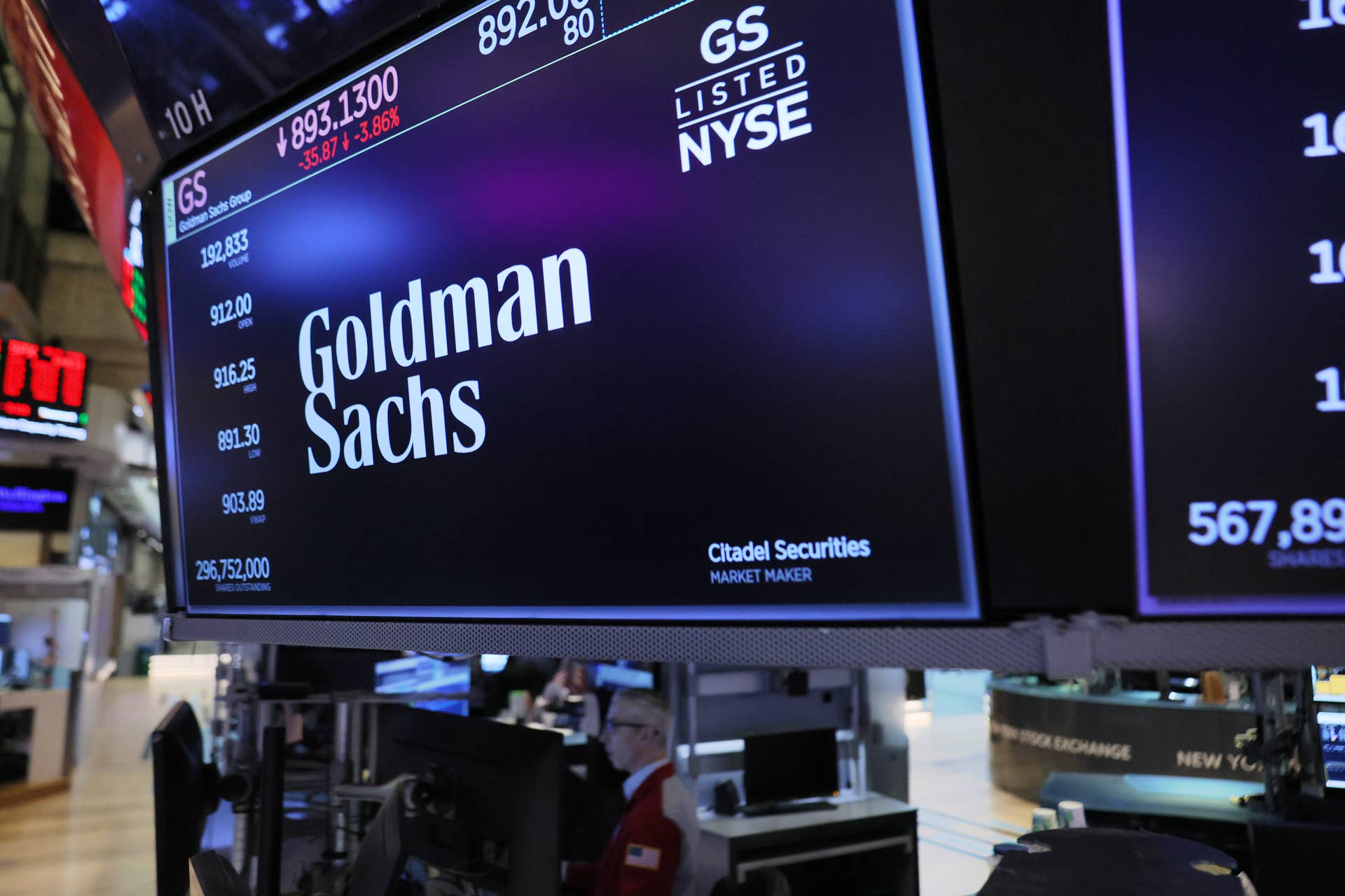 The Goldman Sachs company logo is displayed at New York Stock Exchange during morning trading on February 27, 2026 in New York City.