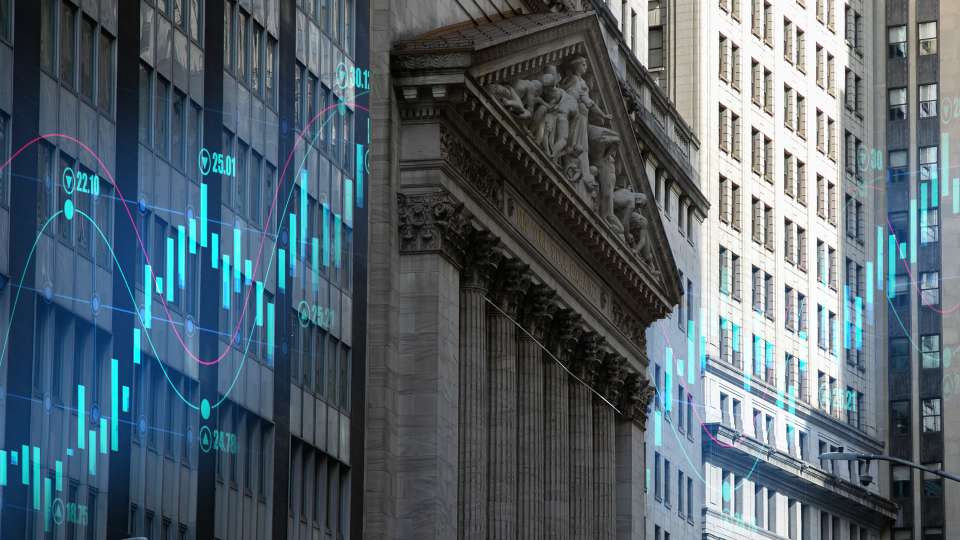 Graphic illustration shows Wall Street with charts and data.