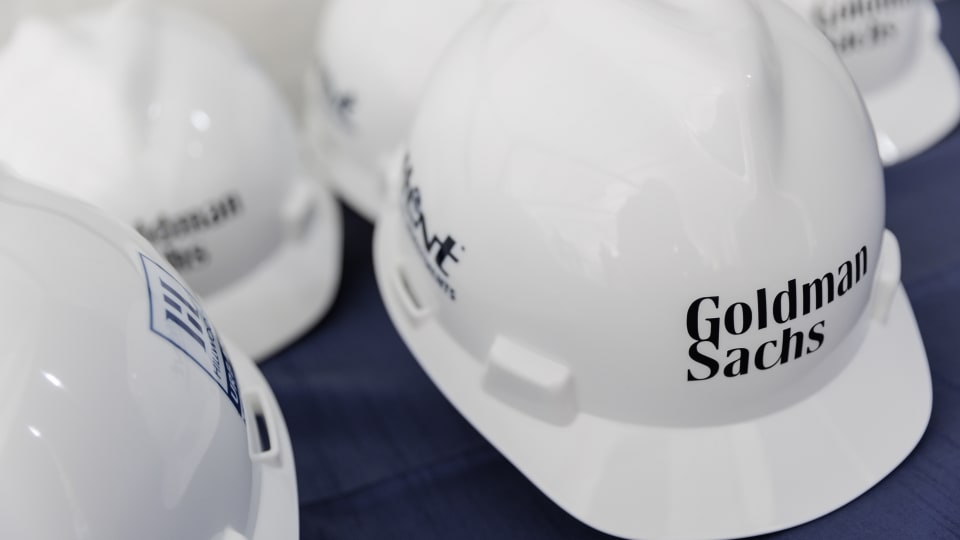 Goldman Sachs branded hardhats during a groundbreaking ceremony for Goldman Sachs Group's new campus in Dallas, Texas, US, on Tuesday, Oct. 10, 2023. Goldman Sachs Group's newest campus in Dallas's Victory Park neighborhood will allow Goldman to consolidate most of its workers across North Texas into one campus, making it the firms largest US hub outside its New York headquarters. Photographer: Shelby Tauber/Bloomberg via Getty Images