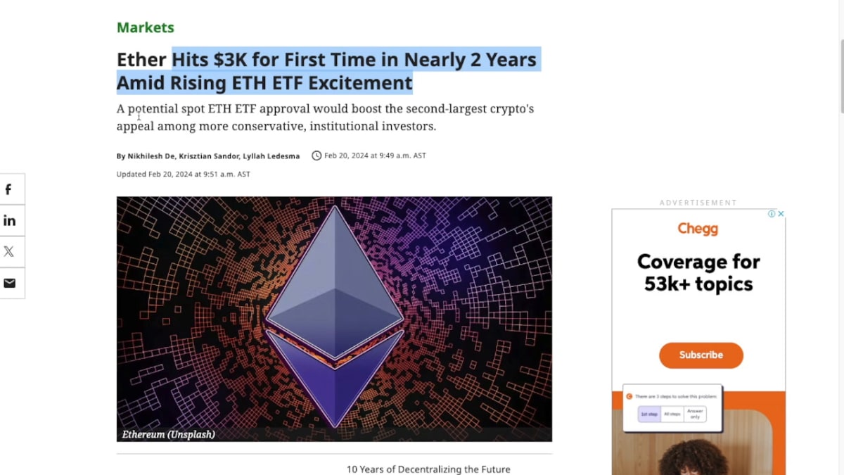 BlackRock ETF enthusiasm drives ethereum price to 22-month high