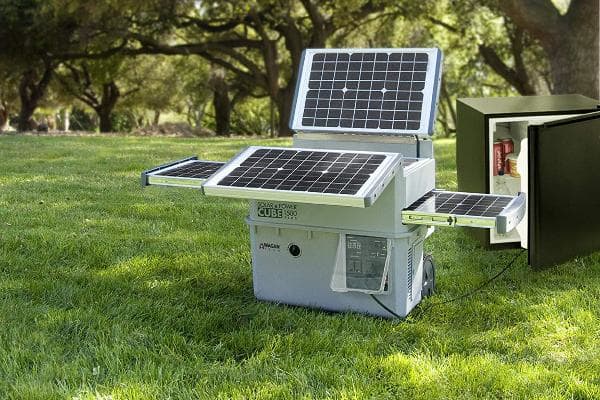 Solar Powered Cube Generator$1,206 by WaganThis is a solar-powered generator that can be used for camping, emergencies, outdoors, tailgating, and more. You can use it with your laptop, TV, power tools, microwave, smartphone, lights, or whatever else.Photo: Wagan