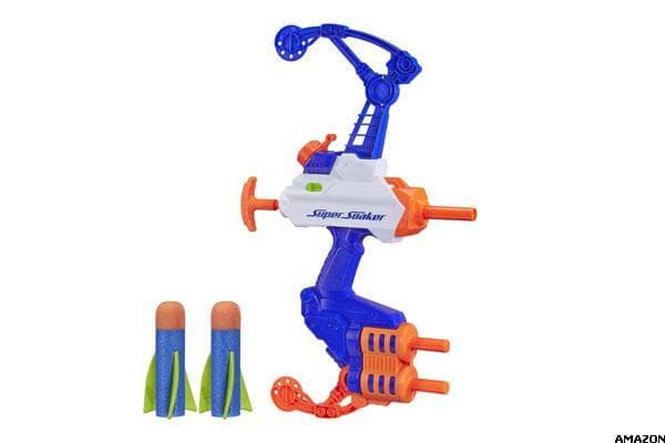 The definitive tool for your super soaker arsenal, the Nerf Super Soaker Tidal Torpedo Bow delivers a wave of water blasting power to your opponent. This nimble device holds up to 22 fluid oz. of water and produces a "wave" of water of up to 30 feet! Blaster comes equipped with two powerful missiles, designed to be soaked in water first for that extra blast of aquatic fun.Although the Tidal Torpedo Bow delivers sufficient water muscle, keep the fun going by adding the Nerf Super Soaker Tornado Scream to your backyard merriment! The Tornado Scream delivers a wall of water thanks to the spinning nozzle for wide-stream lambasting. This soaker holds up to 35 fluid oz. and can blast up to 35 feet--your opponents will be no match for the Tornado. No additional parts or pieces--just load with water and unload on your friends. Both Super Soakers are designed for children ages 6 and older.Buy the Nerf Super Soaker Tidal Torpedo Bow now