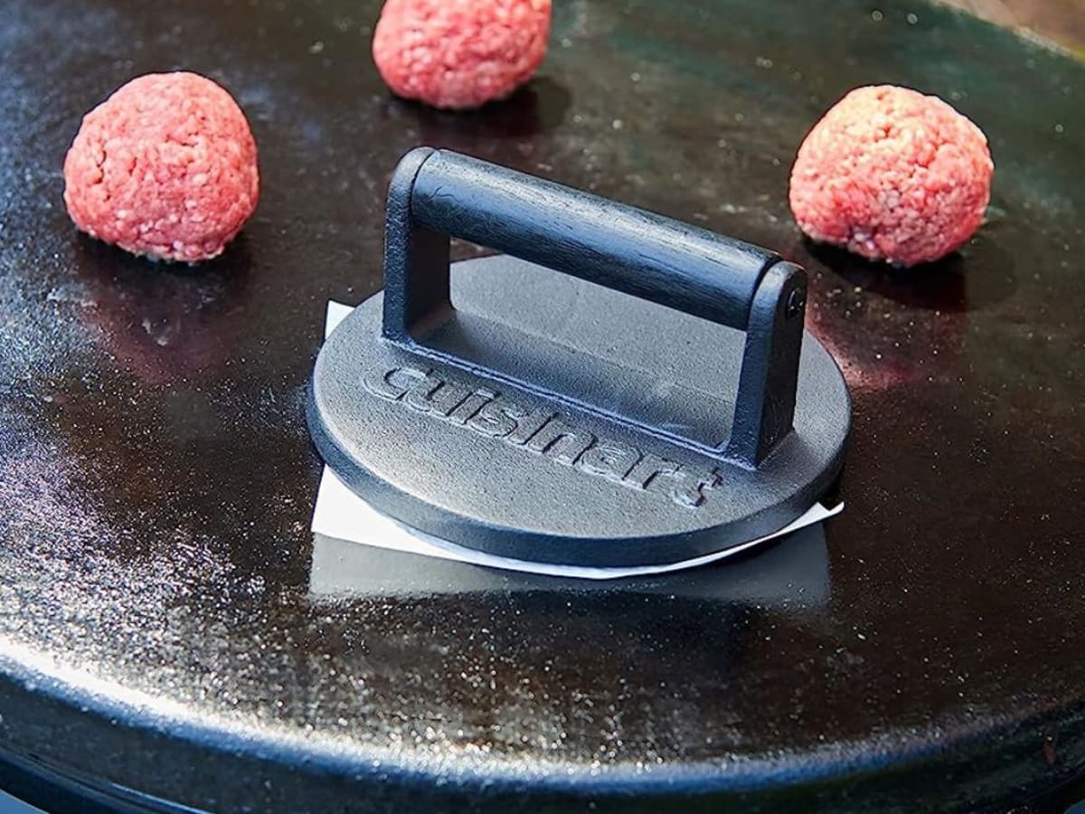 This Cast Iron Tool Is the Secret to Perfect Smash Burgers, and It's on  Sale Right Now