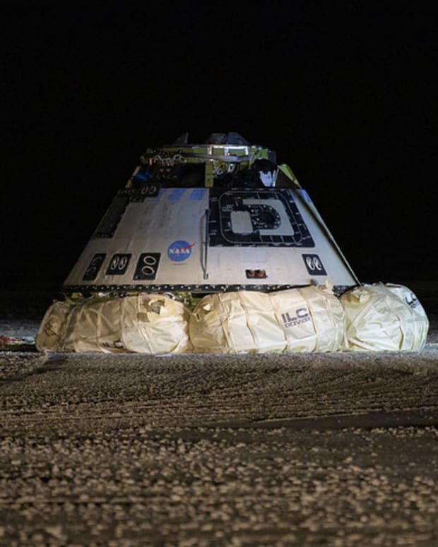 The Boeing CST-100 Starliner spacecraft is seen after it landed in White Sands, New Mexico, Sunday, Dec. 22, 2019. The Starliner spacecraft launched on a United Launch Alliance Atlas V rocket at 6:36 a.m. Friday, Dec. 20 from Space Launch Complex 41 at Cape Canaveral Air Force Station in Florida. Photo Credit: (NASA/Bill Ingalls)