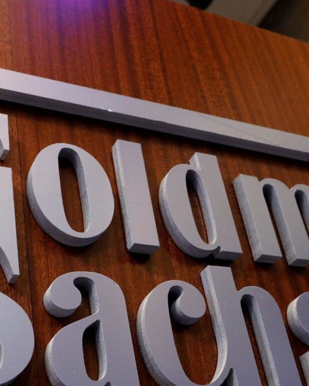 A Goldman Sachs sign is displayed inside the company's post on the floor of the New York Stock Exchange (NYSE) on April 18, 2017. Photo: Reuters