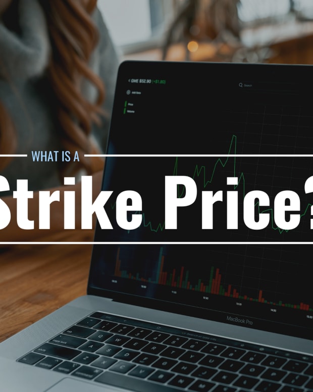 Photo of an open laptop displaying a stock price graph with text overlay that reads "What Is a Strike Price?"