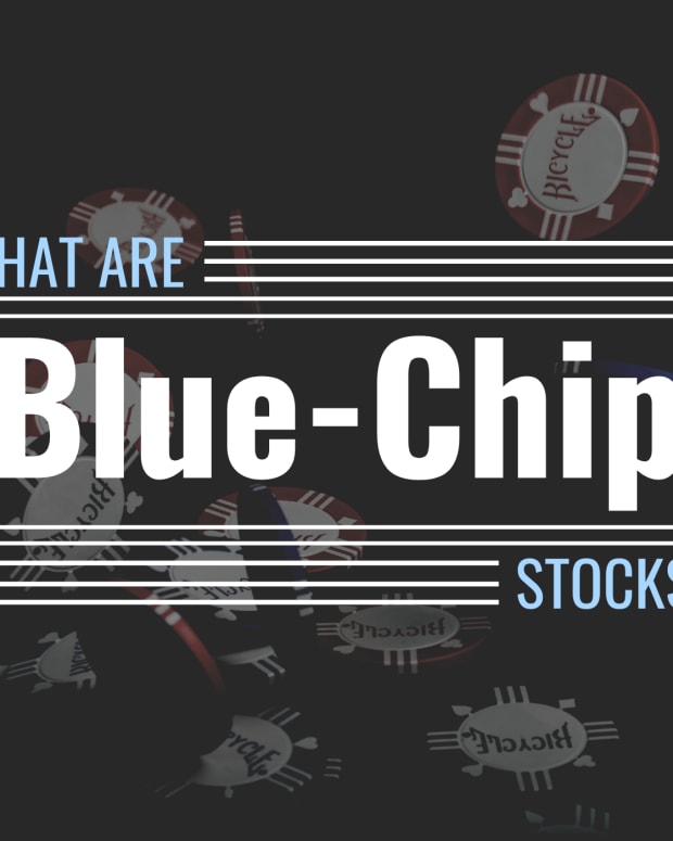 Darkened photo of falling poker chips with text overlay that reads "What Are Blue Chip Stocks?"