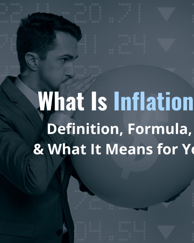 A businessman inflating an image of money with the text overlay "What Is Inflation? Definition, Formula, & What It Means for You"