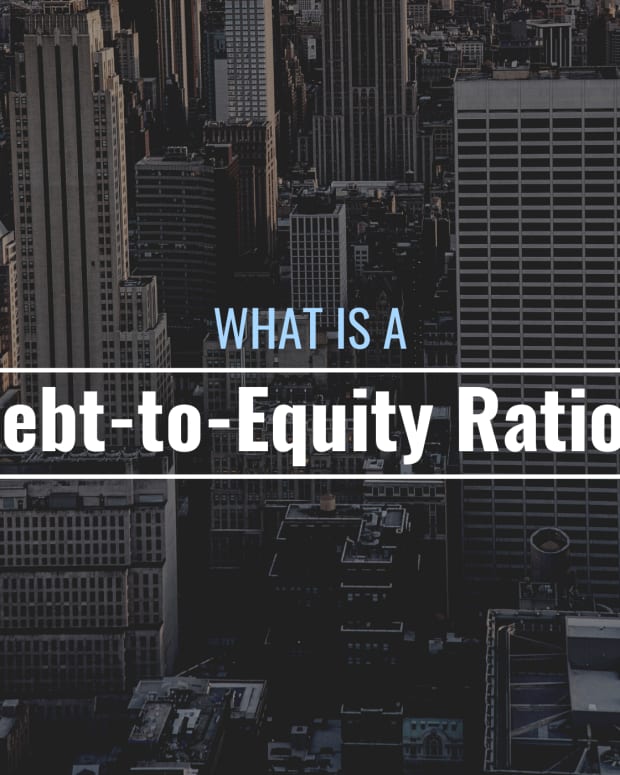 Darkened photo of tall buildings in downtown New York City with text overlay that reads "What Is a Debt-to-Equity Ratio?"