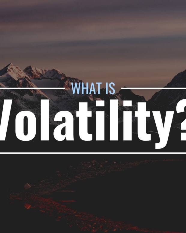 Darkened photo of a mountain range with text overlay that reads "What Is Volatility?"
