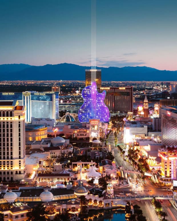 An artist rendering of what a Guitar Hotel would look like at The Mirage site.