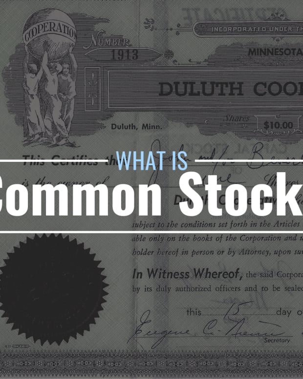 Darkened photo of an old stock certificate for a company called "Duluth Cooperative" with text overlay that reads "What Is Common Stock?"