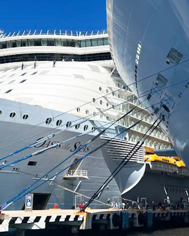 Royal Caribbean's Oasis of the Seas and Odyssey of the Seas docked in Cozumel.