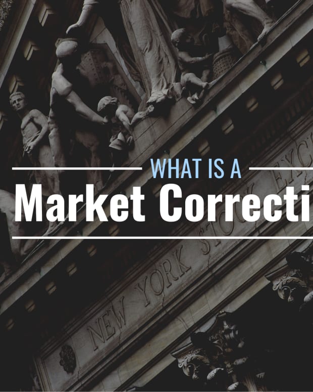 Darkened photo of the awning of the New York Stock Exchange Building with text overlay that reads "What Is a Market Correction?"