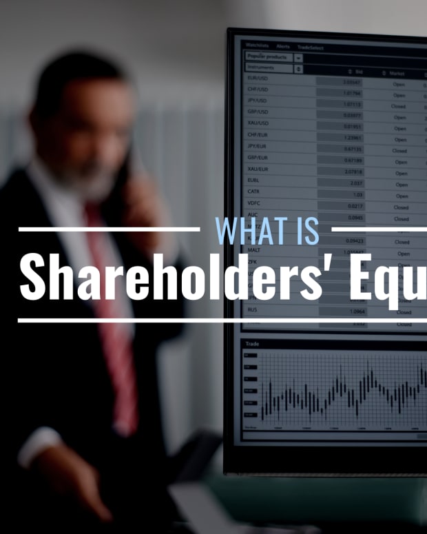 Photo of a businessman and a computer screen with text overlay that reads "What Is Shareholders' Equity?"