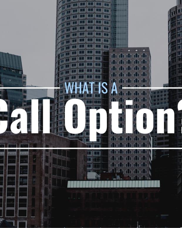 Darkened photo of tall office buildings in a city with text overlay that reads "What Is a Call Option?"