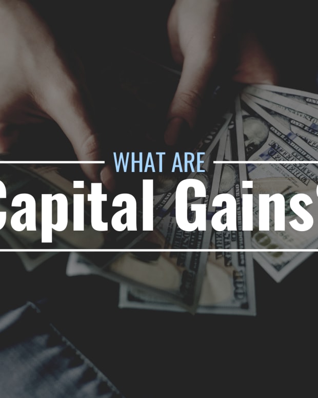 A darkened, closeup photo of a pair of hands fanning a wad of $100 bills with text overlay that reads "What Are Capital Gains?"
