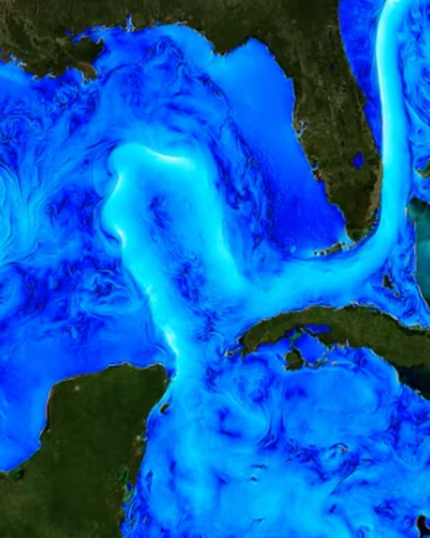 A satellite image of ocean heat shows the strong Loop Current and swirling eddies. Christopher Henze, NASA/Ames