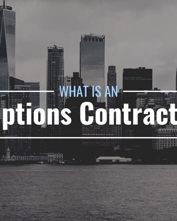 Darkened photo of the Manhattan skyline with text overlay that reads "What Is an Options Contract?"