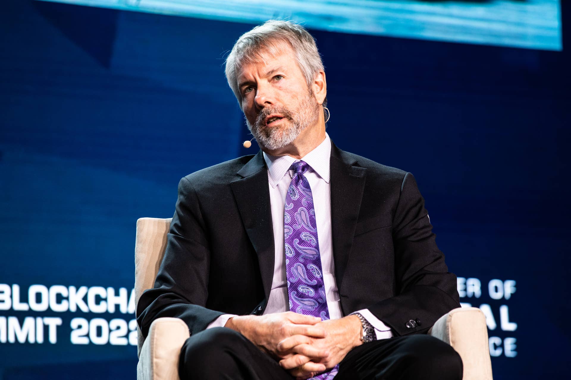 Michael Saylor, chairman and chief executive officer at MicroStrategy, speaks during the DC Blockchain Summit in Washington, D.C., US, on Tuesday, May 24, 2022.