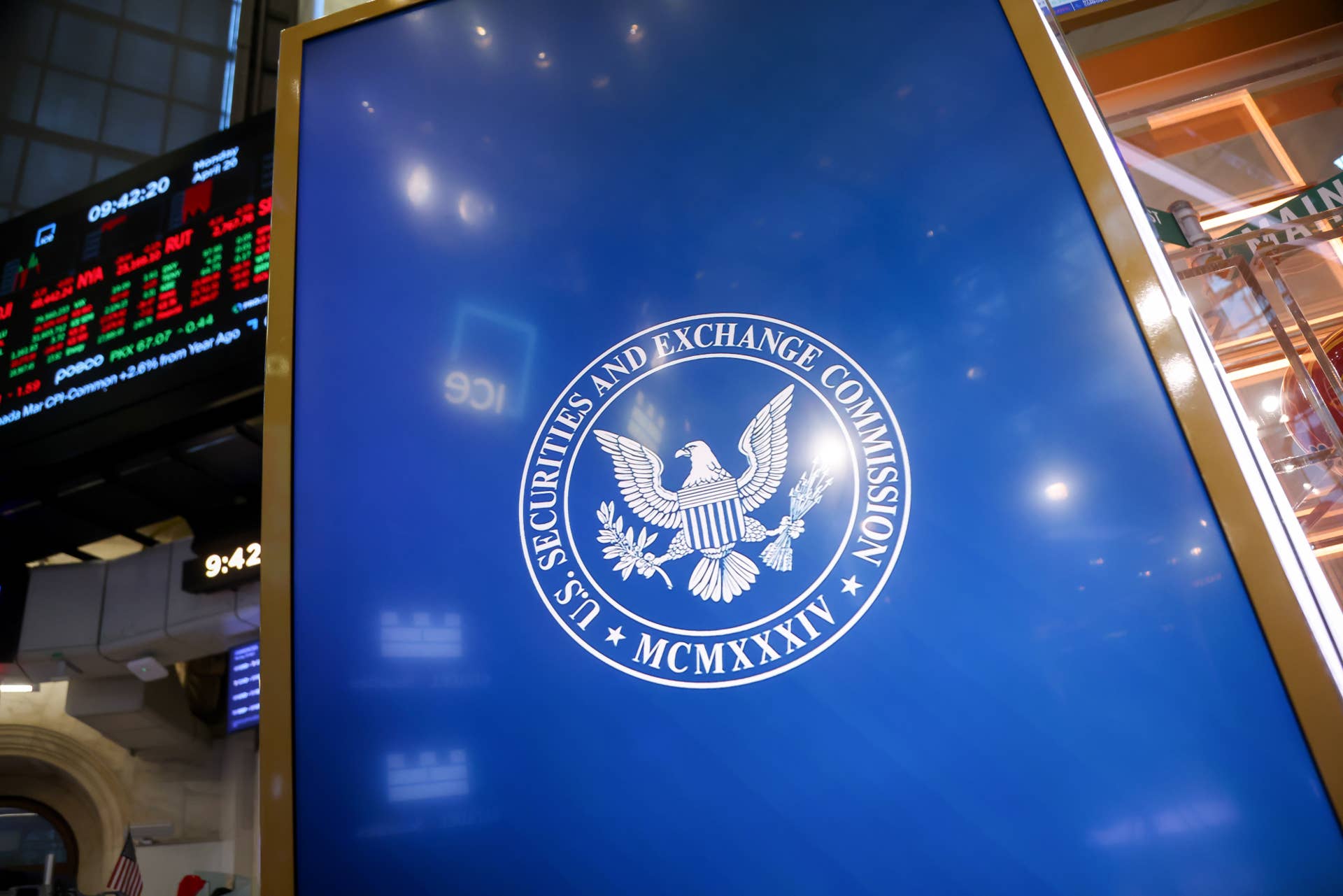 US Securities and Exchange Commission (SEC) signage on the floor of the New York Stock Exchange (NYSE) in New York, US, on Monday, April 20, 2026.