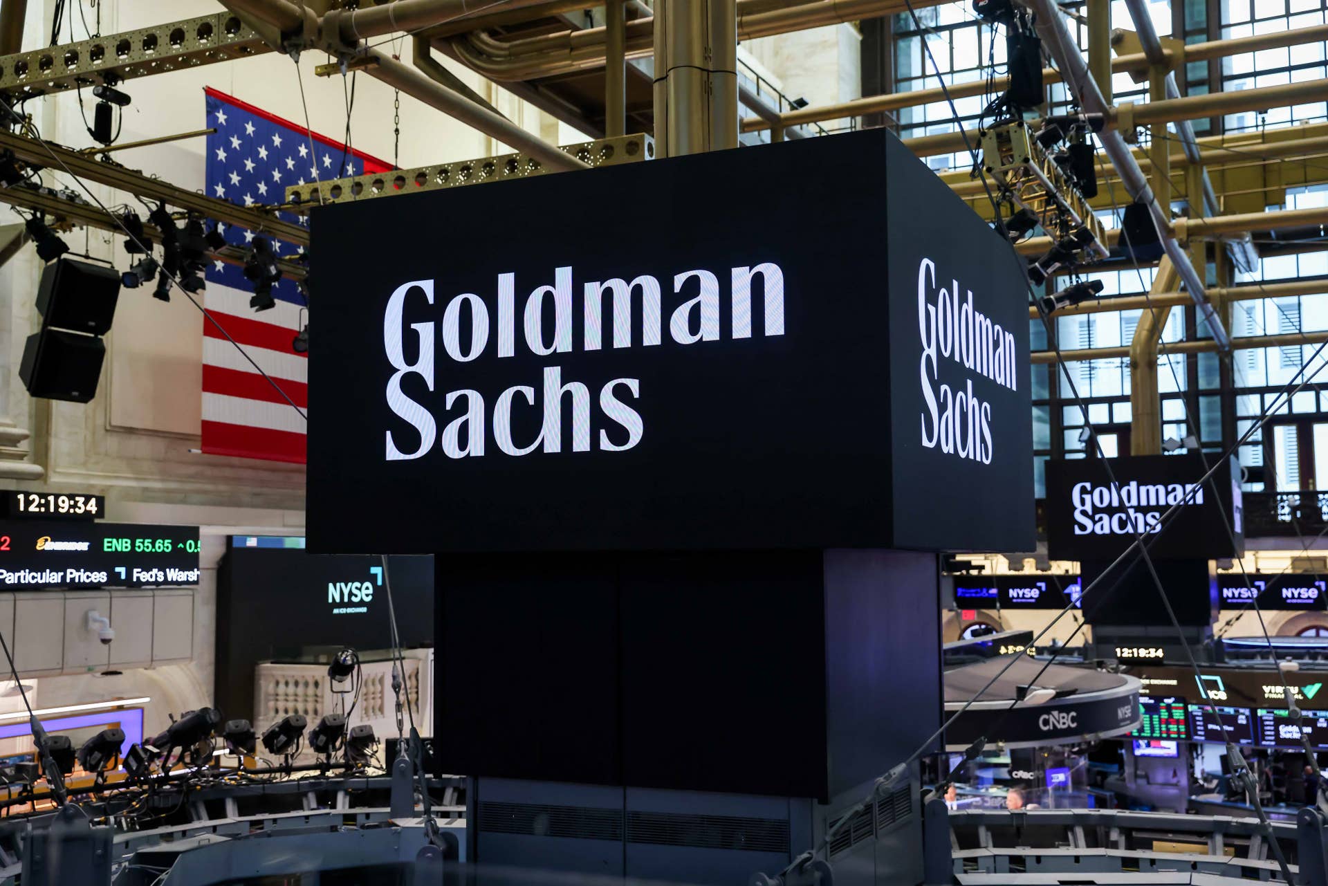 Goldman Sachs signage on the floor of the New York Stock Exchange (NYSE) in New York, US, on Tuesday, July 14, 2026.
