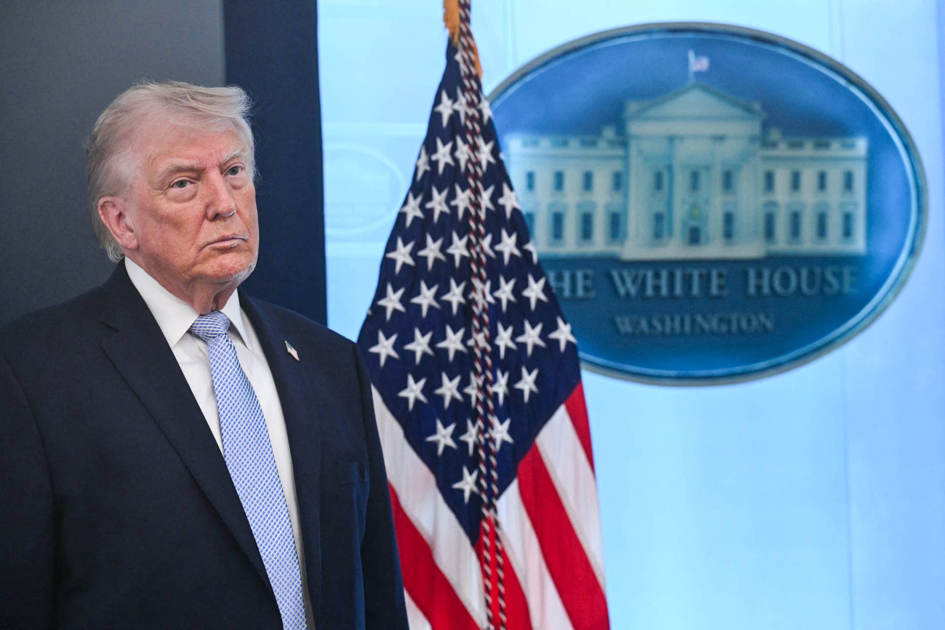 US President Donald Trump looks on during a press conference about the conflict in Iran in the James S. Brady Press Briefing Room of the White House on April 6, 2026, in Washington, DC. (Photo by SAUL LOEB / AFP via Getty Images)