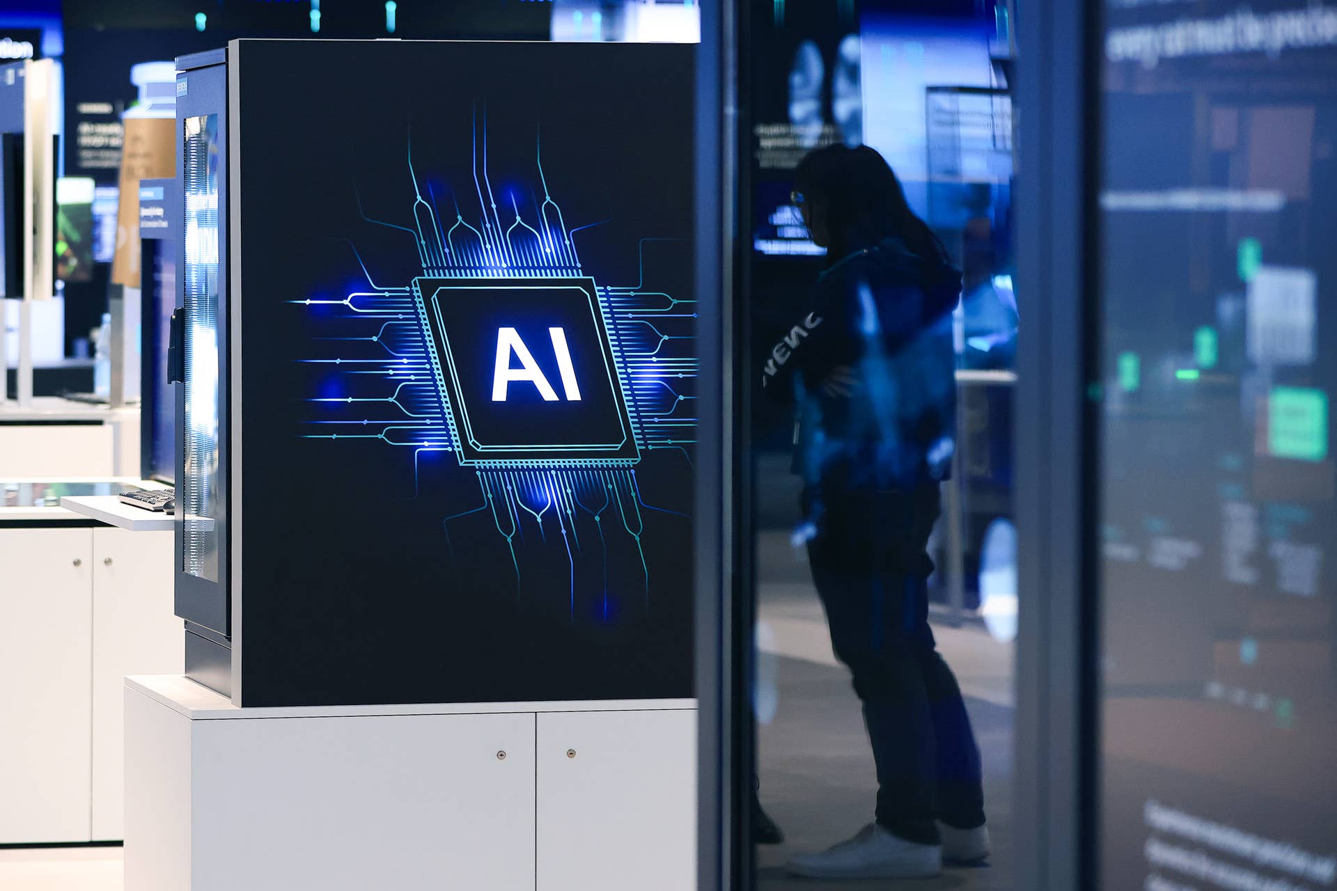An Artificial Intelligence (AI) logo at the Siemens AG booth at the Hannover Messe 2026 trade fair