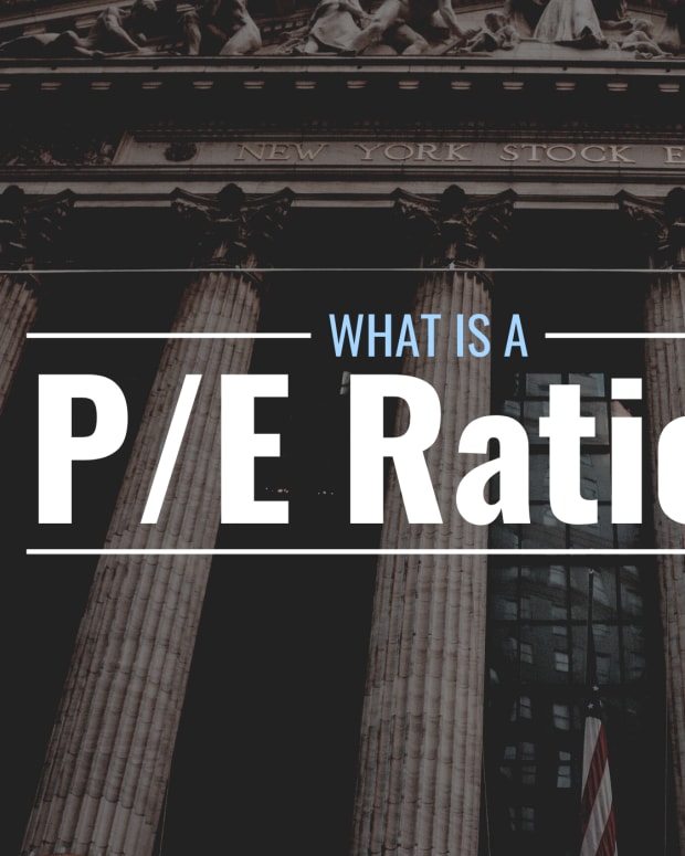 Photo of the NYSE building with text overlay that reads "What Is a P/E Ratio?"