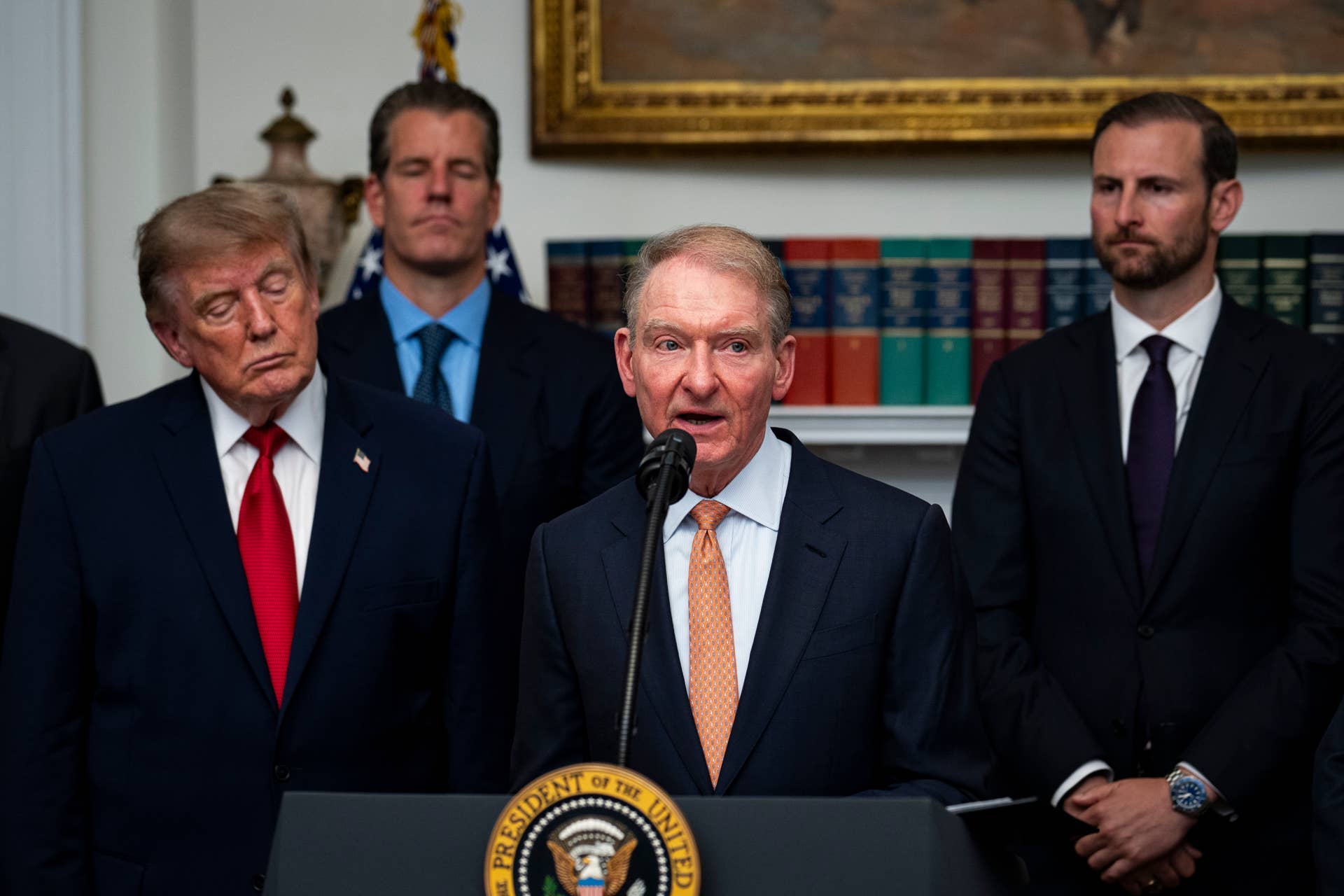Paul Atkins, chairman of the SEC, speaks while joined by U.S. President Donald Trump, Tyler Winklevoss, president and co-founder of Gemini, and Patrick Witt, Executive Director of the President's Council of Advisors for Digital Assets, during a meeting in Washington, DC.