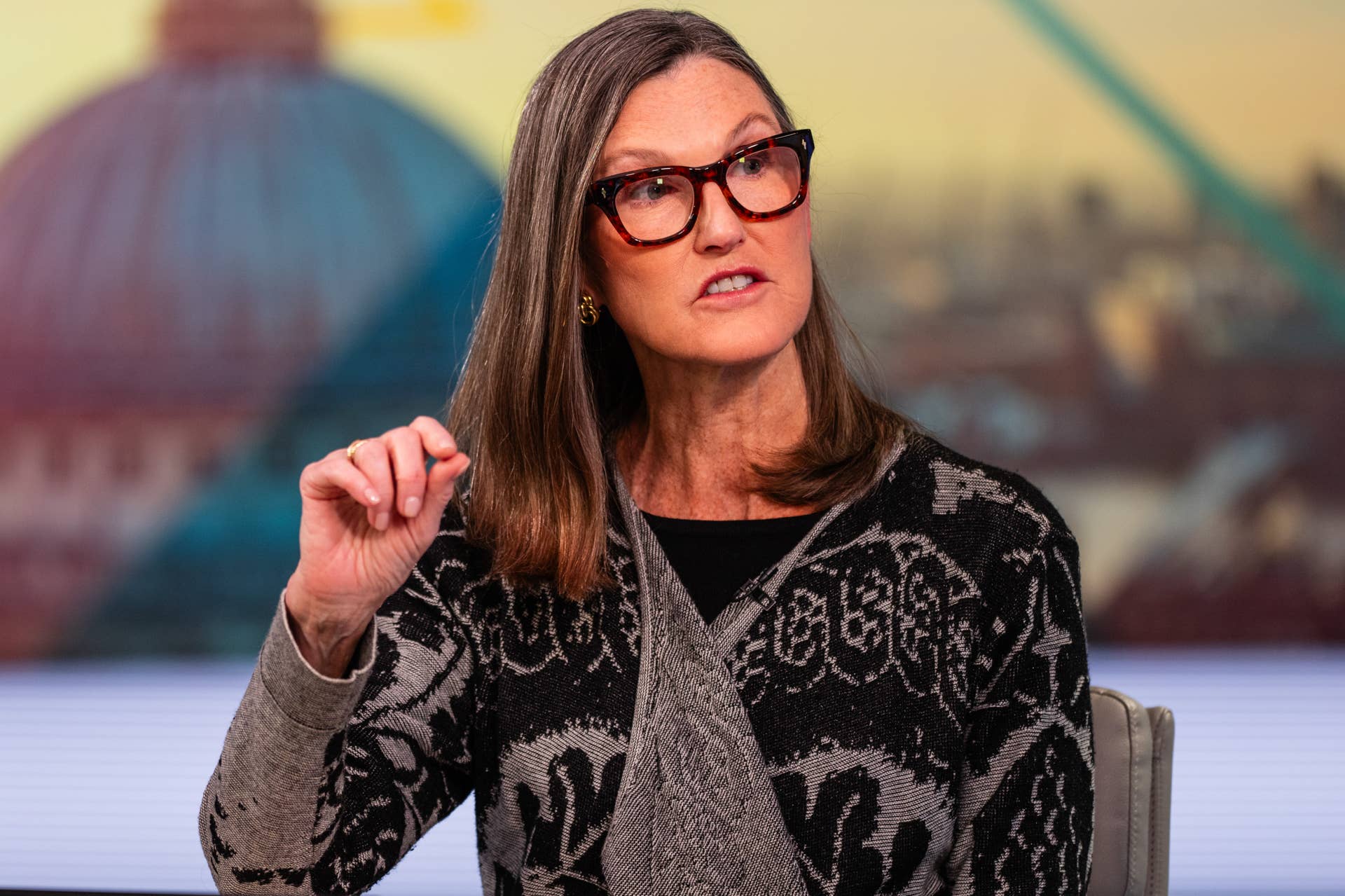 Cathie Wood, chief executive officer of Ark Investment Management LLC, during a Bloomberg Television interview in London, UK, on Tuesday, Jan. 28, 2025.