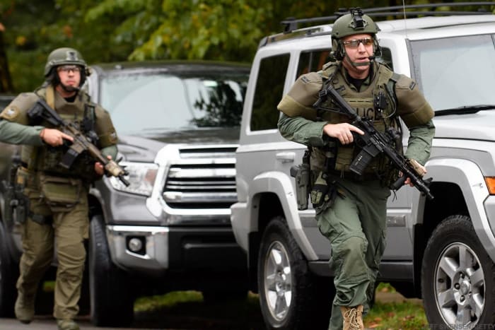 Heavily armed police were on the scene at a Pittsburgh synagogue where multiple people were apparently shot.