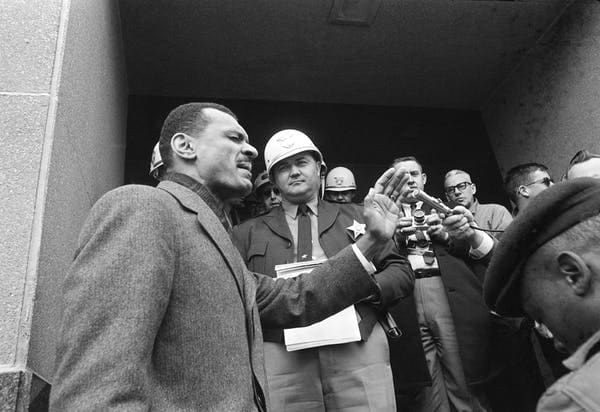 C.T. Vivian leading prayer on the courthouse steps in Selma, Alabama, in 1965. AP Photo/Horace Cort