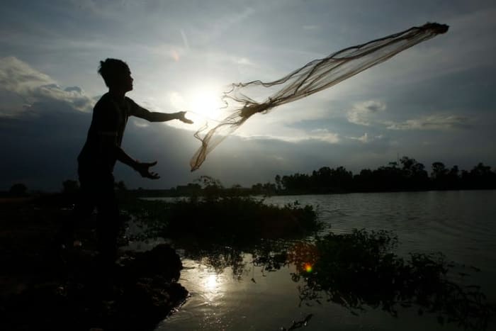 A man casts a fishing net onto a flooded land following rain to catch fish on the outskirts of Phnom Penh, Cambodia, in June 2020. (AP Photo/Heng Sinith)