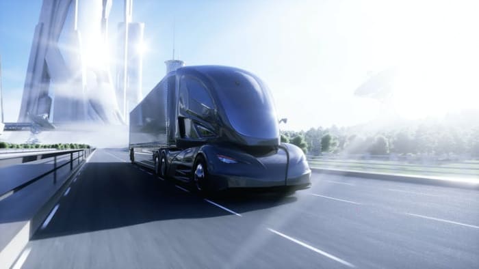 Replacing diesel-powered transport trucks with electric ones could cut noise, air pollution and carbon emissions. (Shutterstock)
