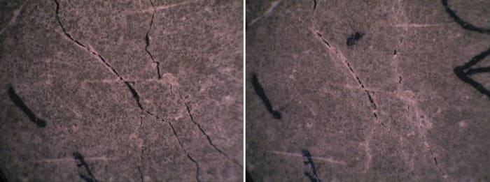 Self-healing concrete test study with cracked concrete (left) and self-healed concrete after 28 days (right). SMART Lab/Purdue University, CC BY-ND