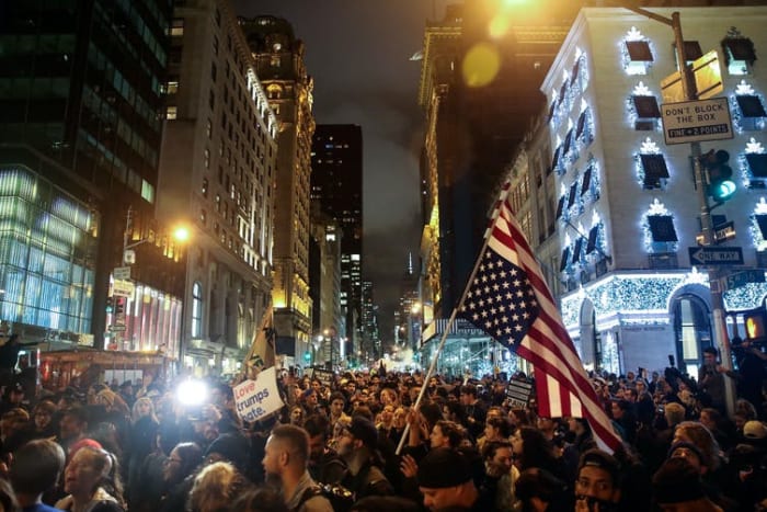 New York City erupted in protest when Trump was declared winner of the 2016 election, with demonstrations centering on Trump Tower on Fifth Ave. Drew Angerer/Getty Images
