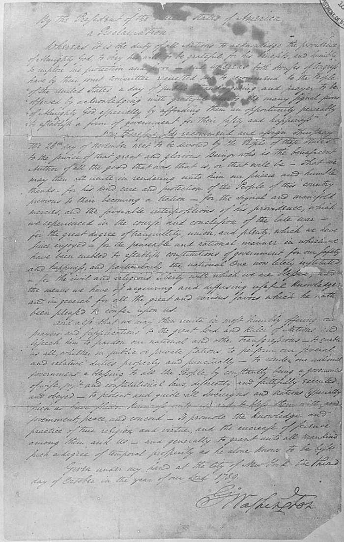 George Washington’s Oct. 3, 1789, Thanksgiving Day Proclamation. National Archives
