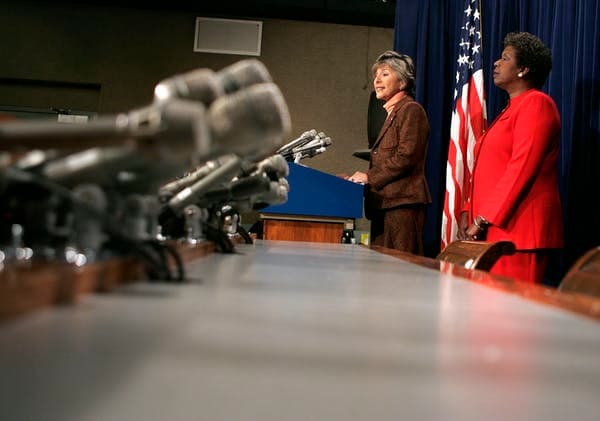U.S. Sen. Barbara Boxer and U.S. Rep. Stephanie Tubbs Jones announce their objection to the certification of Ohio electoral votes Jan. 6, 2005. Mark Wilson/Getty Images