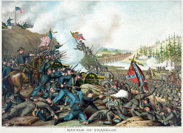 The Confederate battle flag figures prominently in this depiction of the 1864 battle of Franklin, Tennessee. Kurz and Allison, restoration by Adam Cuerden, via Wikimedia Commons