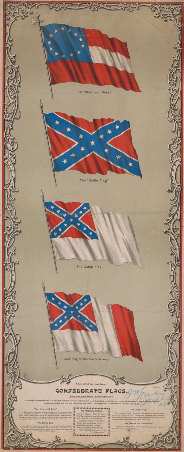 An 1897 lithograph shows changes in Confederate flag design. The ‘Southern Cross’ design, chosen to visually distinguish Confederates from Union soldiers in battle, became a symbol of white insurrection. Library of Congress via National Geographic