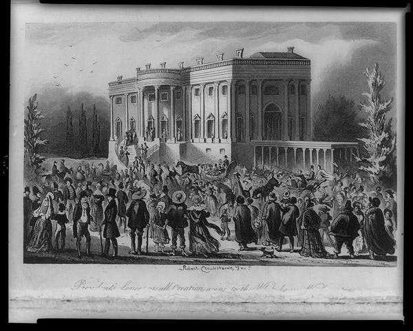 People seeking government jobs crashed the White House on the day of Andrew Jackson’s inauguration. Library of Congress