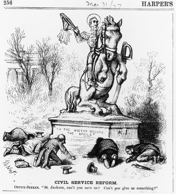 Political cartoon by Thomas Nast depicts office seekers seeking jobs from Andrew Jackson. Fotosearch/Getty Images