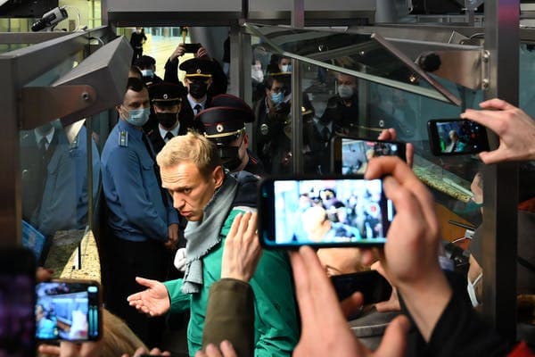 Alexei Navalny is seen at the passport control point at Moscow’s Sheremetyevo airport on Jan. 17; he was then arrested by Russian police. Kirill Kudryavtsev/AFP via Getty Images)