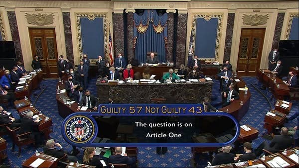 In this image from video, the final vote total of 57-43 meant an acquittal of former President Donald Trump of the impeachment charge because conviction requires a two-thirds majority vote. Senate Television via AP