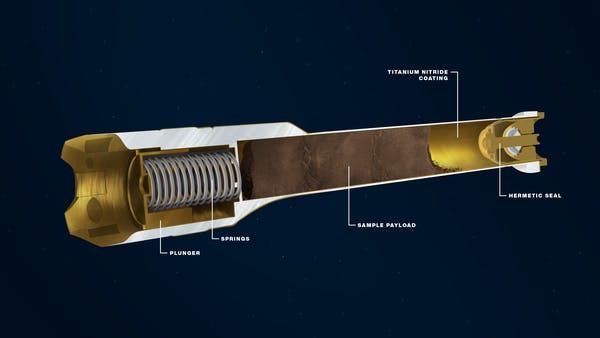 The sample tubes are specially built to store the rock and soil cores for future pickup. NASA/JPL-Caltech
