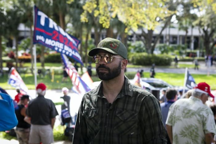 Enrique Tarrio, the national leader of the Proud Boys, outside the Conservative Political Action Conference in February. Eva Marie Uzcategui Trinkl/Anadolu Agency via Getty Images