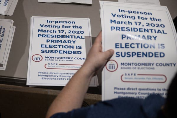 Ohio Gov. Mike DeWine, a Republican, had state health officials cancel his state’s Democratic primary in mid-March. Getty/Megan Jelinger/AFP